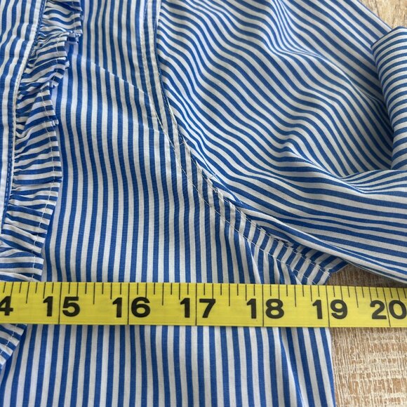 J. Crew blue/white pin-stripe pleated ruffle bib button down top blouse Sz small - Picture 5 of 6